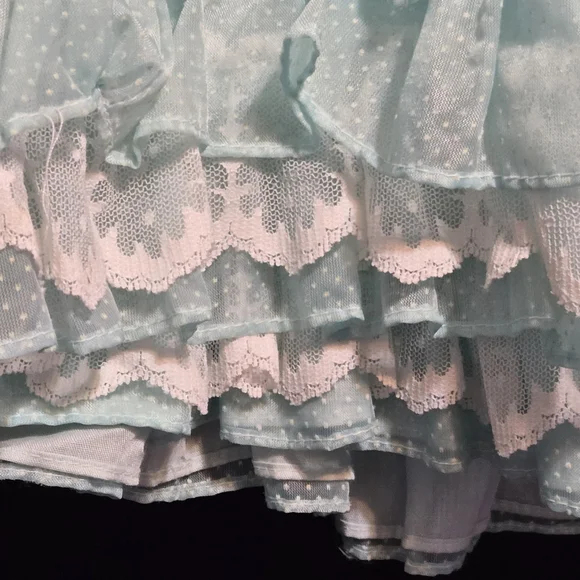 Vtg Mini World Baby Girl Dress Suiss Dot Sheer Ruffle Lace Lt Blue USA